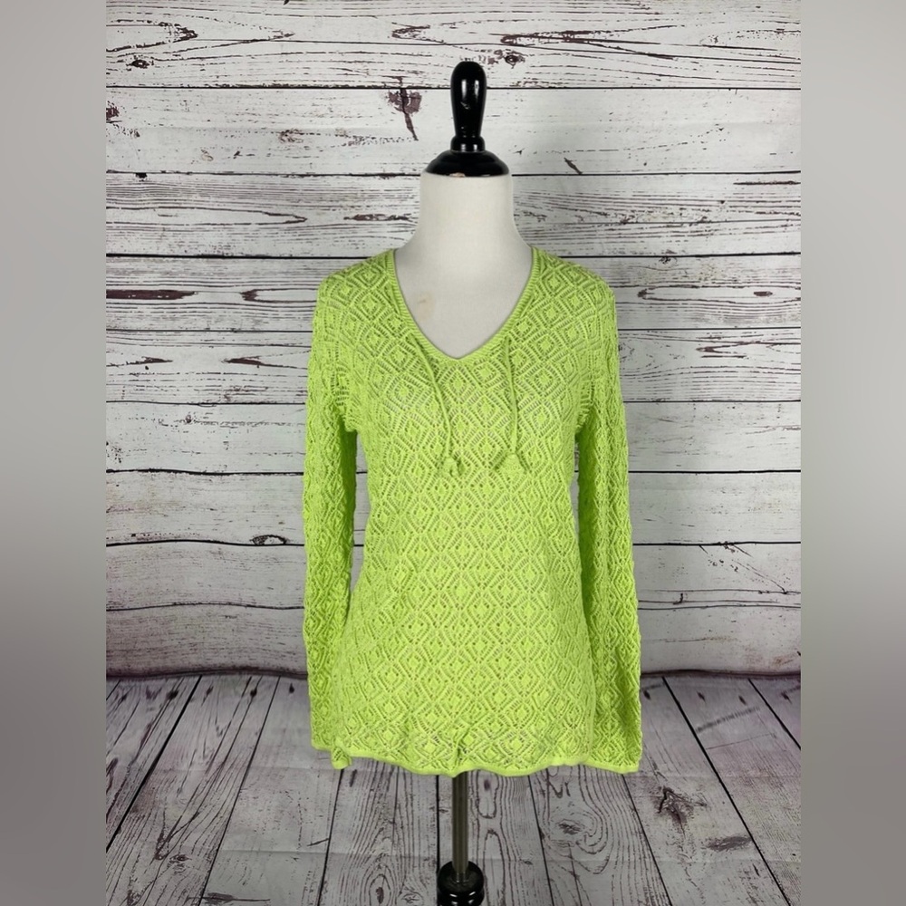 Kuna Alpaca 111‎ Pima Cotton Lace Knit V-Neck Long Sleeve Top – Green Medium